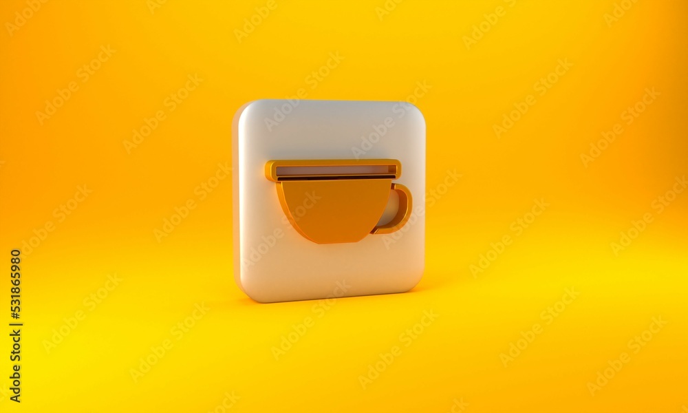 Gold Cup of tea icon isolated on yellow background. Silver square button. 3D render illustration