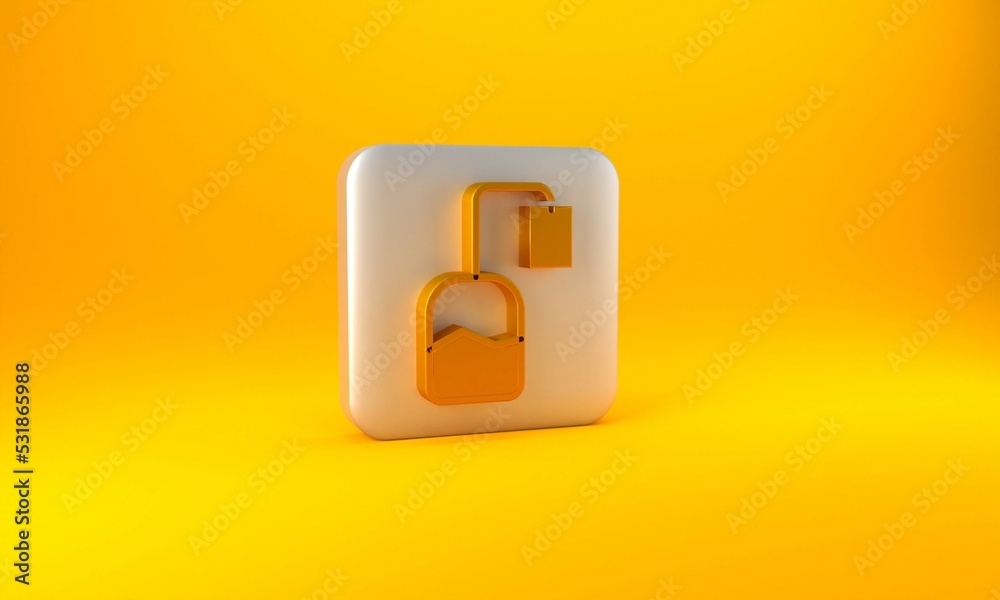 Gold Tea bag icon isolated on yellow background. Silver square button. 3D render illustration