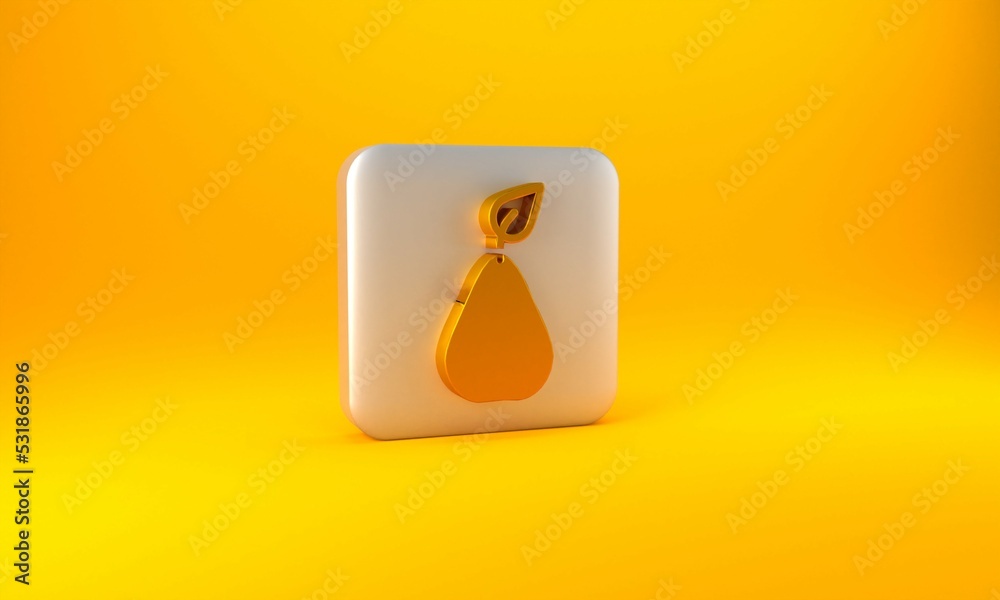 Gold Pear icon isolated on yellow background. Fruit with leaf symbol. Silver square button. 3D rende