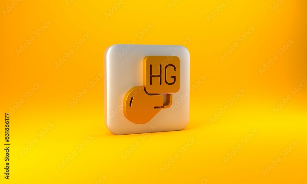 Gold Drop of mercury icon isolated on yellow background. Silver square button. 3D render illustratio