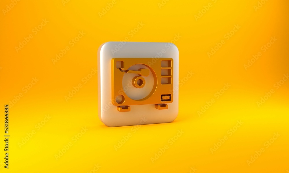 Gold Vinyl player with a vinyl disk icon isolated on yellow background. Silver square button. 3D ren