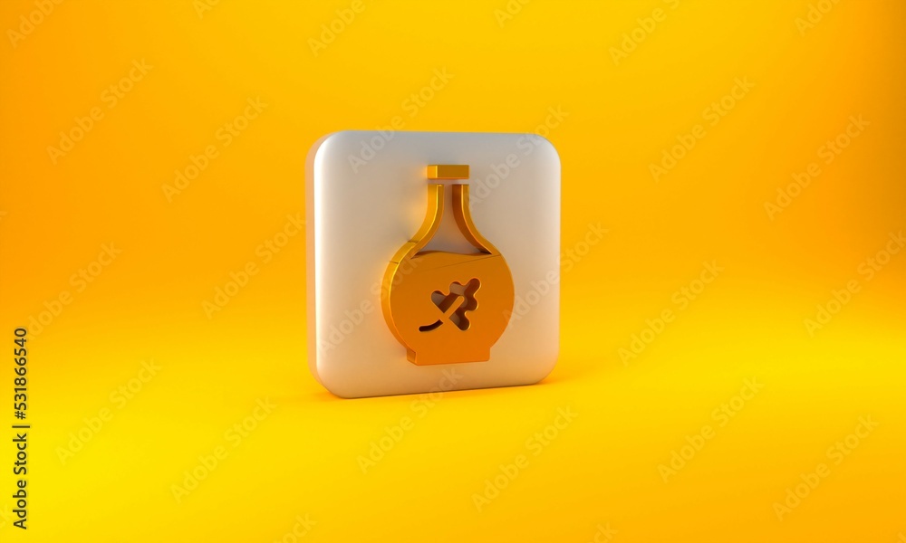 Gold Essential oil bottle icon isolated on yellow background. Organic aromatherapy essence. Skin car