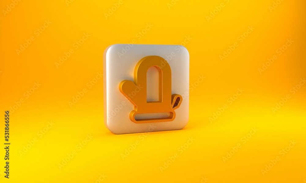 Gold Sauna mitten icon isolated on yellow background. Mitten for spa. Silver square button. 3D rende