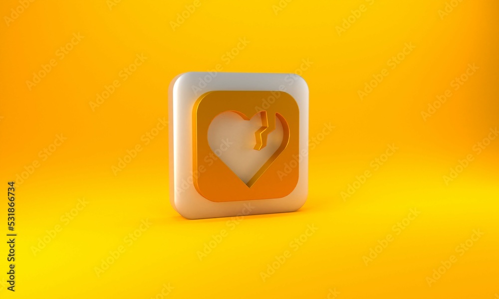 Gold Broken heart or divorce icon isolated on yellow background. Love symbol. Happy Valentines day. 