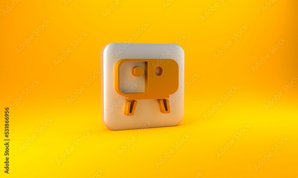 Gold TV table stand icon isolated on yellow background. Silver square button. 3D render illustration