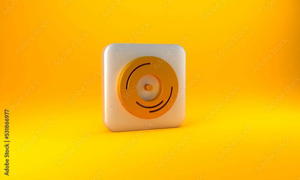 Gold Vinyl disk icon isolated on yellow background. Silver square button. 3D render illustration