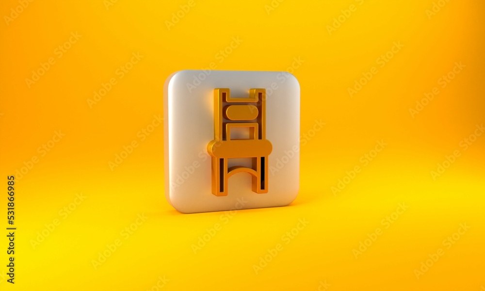 Gold Chair icon isolated on yellow background. Silver square button. 3D render illustration