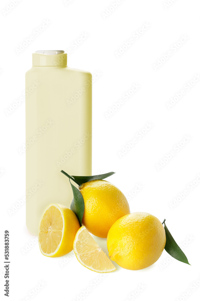 Bottle of shower gel and lemons on white background