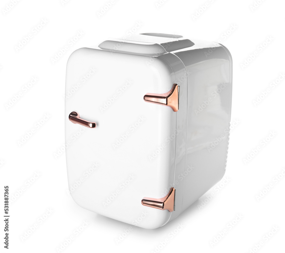 Small cosmetic refrigerator on white background