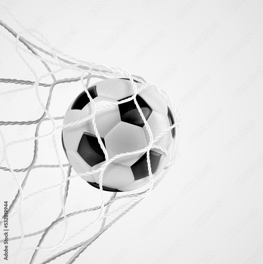 Realistic soccer ball in net isolated on white background. Vector illustration