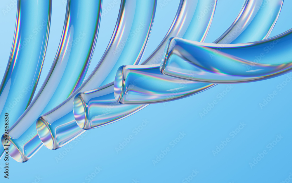 Transparent bend pole with abstract geometric background, 3d rendering.