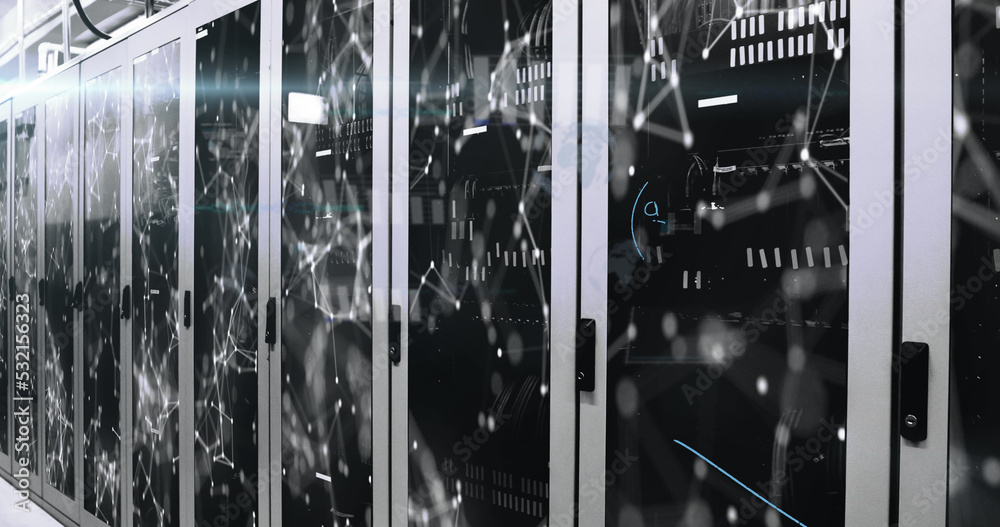 Image of data processing against network of connections over server room