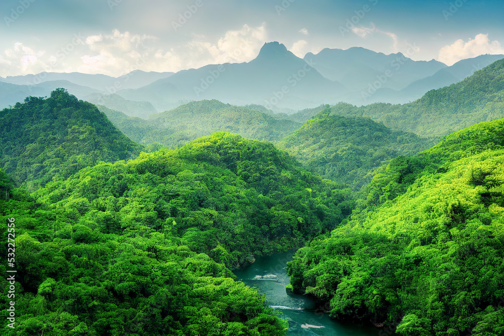 背景为山脉的热带森林景观