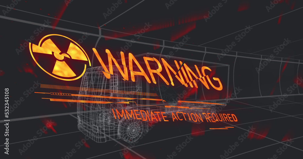 Image of warning text 3d car model over grid on black background