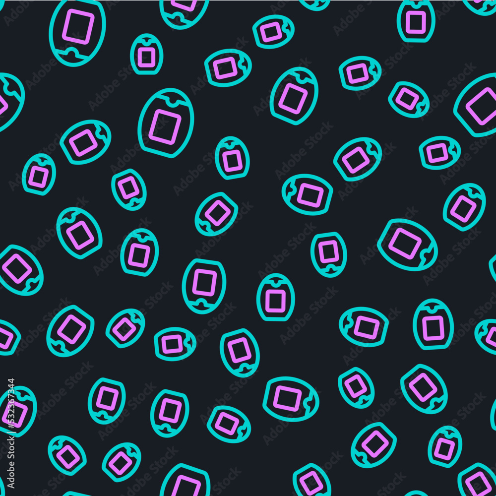 Line Bottle of shampoo icon isolated seamless pattern on black background. Vector