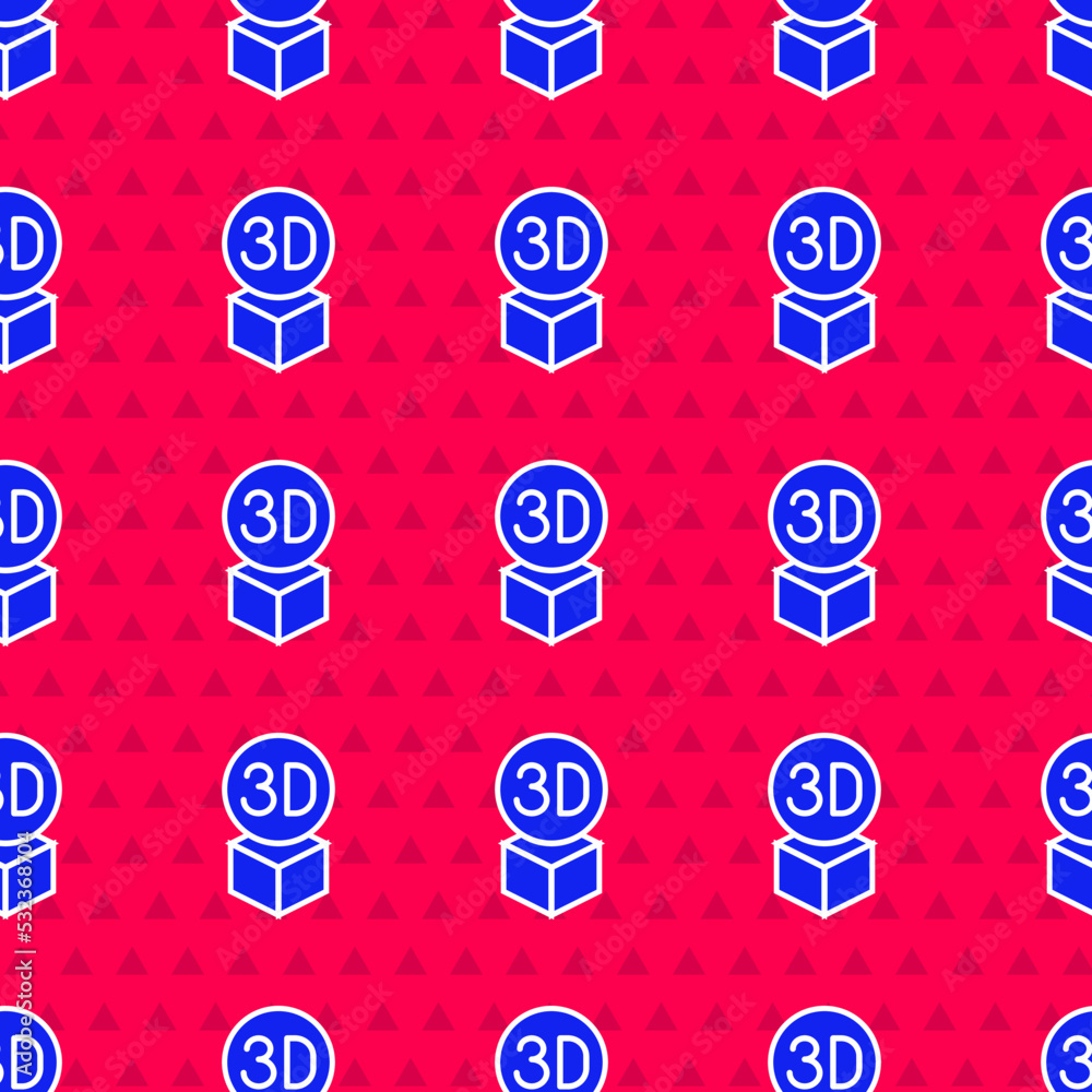 Blue Isometric cube icon isolated seamless pattern on red background. Geometric cubes solid icon. 3D