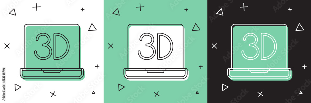 Set 3D printer icon isolated on white and green, black background. 3d printing. Vector