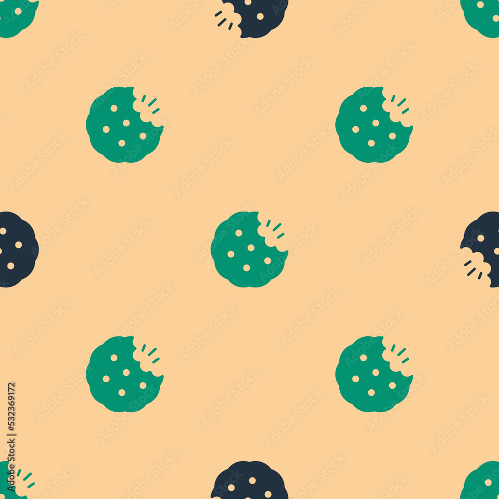 Green and black Cookie or biscuit with chocolate icon isolated seamless pattern on beige background.