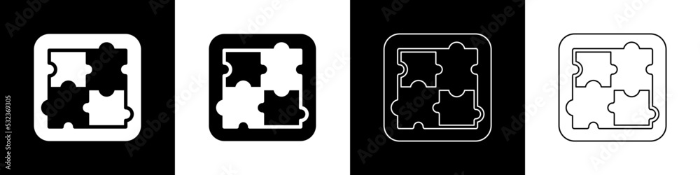 Set Solution to the problem in psychology icon isolated on black and white background. Puzzle. Thera