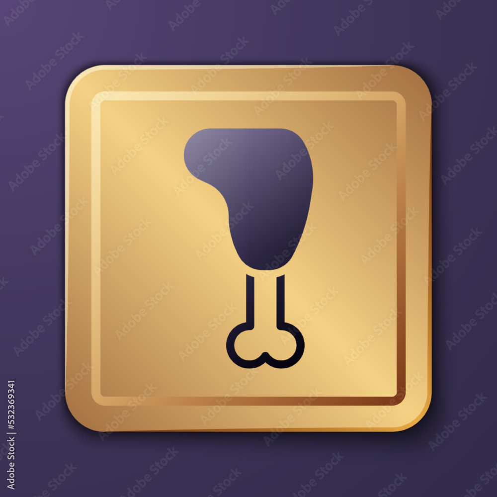 Purple Chicken leg icon isolated on purple background. Chicken drumstick. Gold square button. Vector