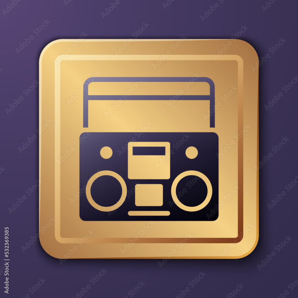 Purple Home stereo with two speakers icon isolated on purple background. Music system. Gold square b