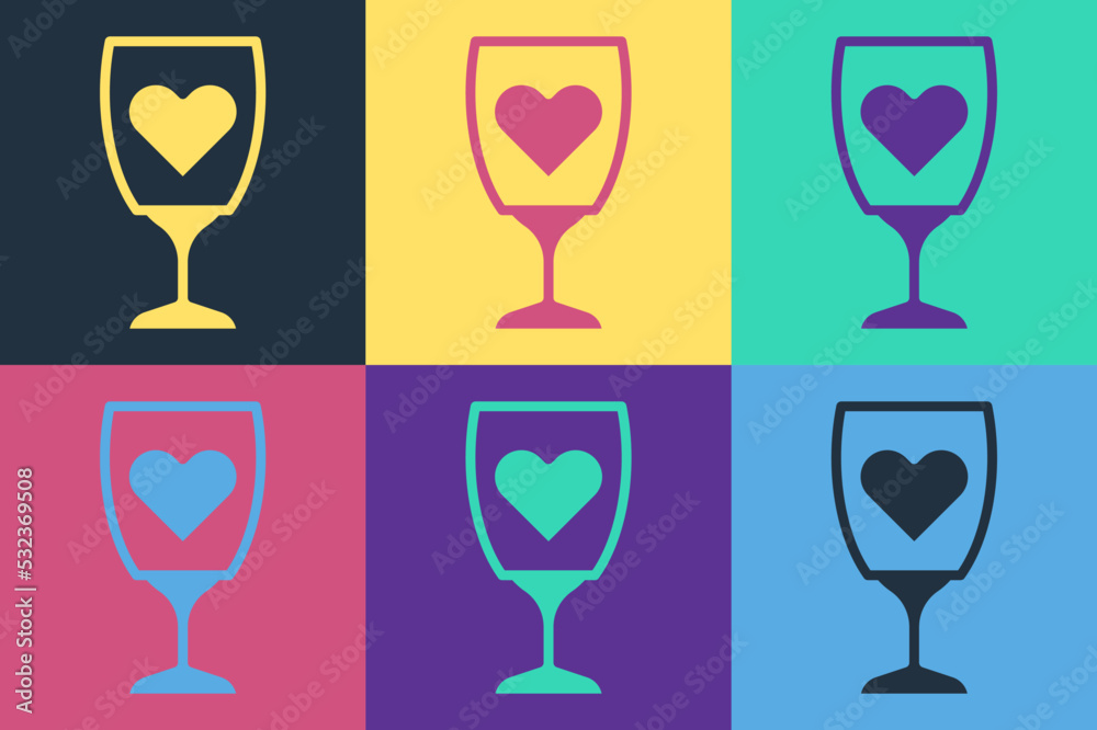 Pop art Glass of champagne icon isolated on color background. Happy Valentines day. Vector