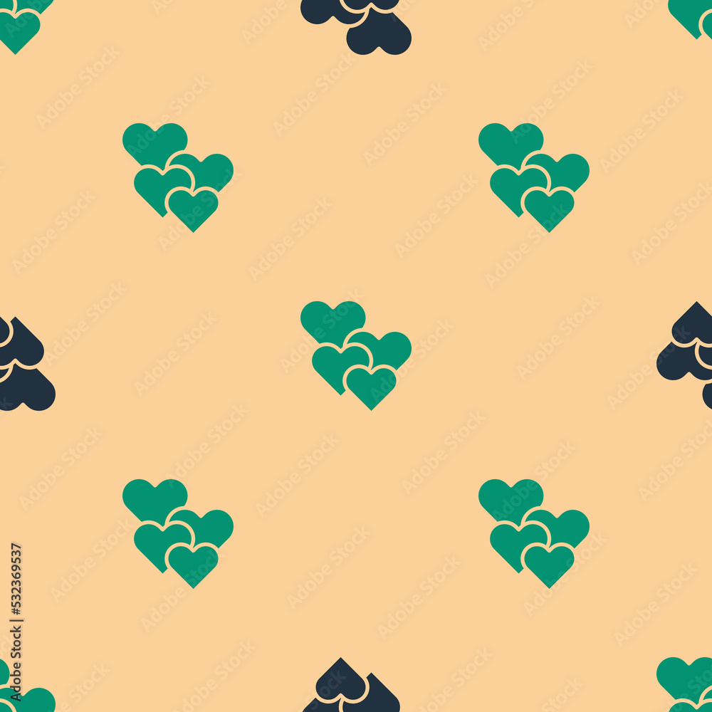 Green and black Heart icon isolated seamless pattern on beige background. Romantic symbol linked, jo