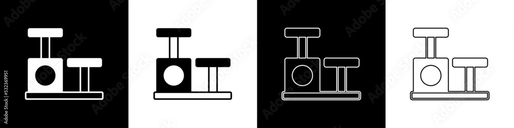 Set Cat scratching post with toy icon isolated on black and white background. Vector