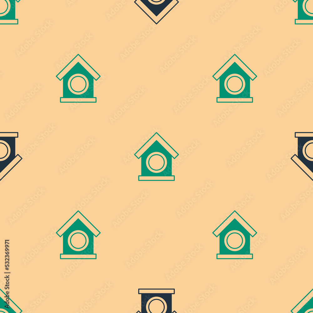 Green and black Dog house icon isolated seamless pattern on beige background. Dog kennel. Vector