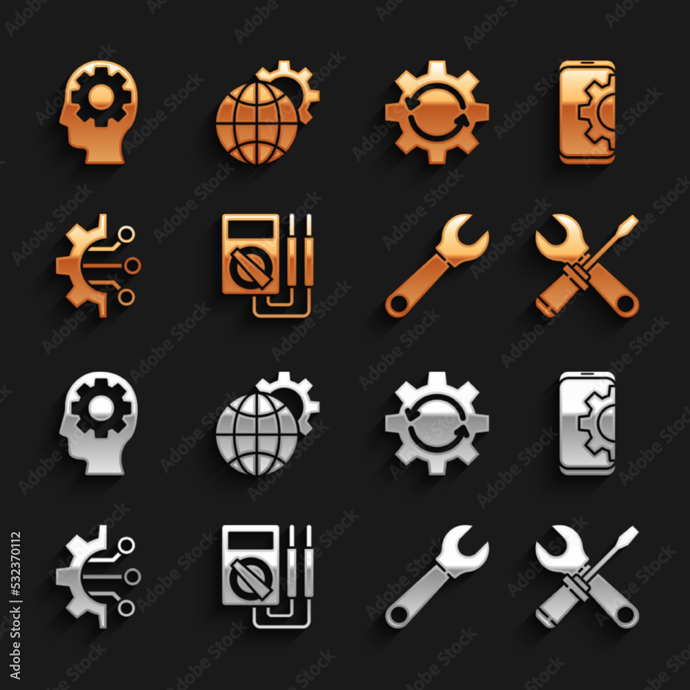 Set Multimeter, Setting on smartphone, Screwdriver and wrench spanner, Wrench, Algorithm, Gear arrow