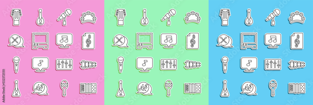 Set line Accordion, Xylophone, Treble clef, Microphone, Voice assistant, Drum sticks, Guitar and Mus