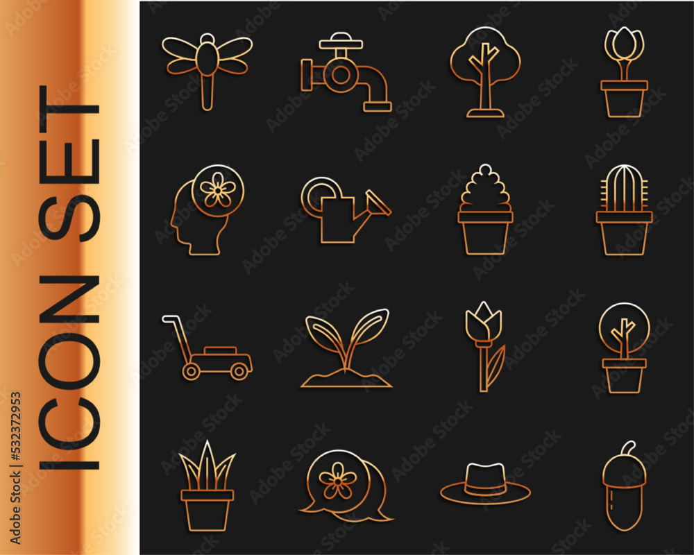 Set line Acorn, Forest, Cactus peyote in pot, Watering can, Human head with flower inside, Dragonfly