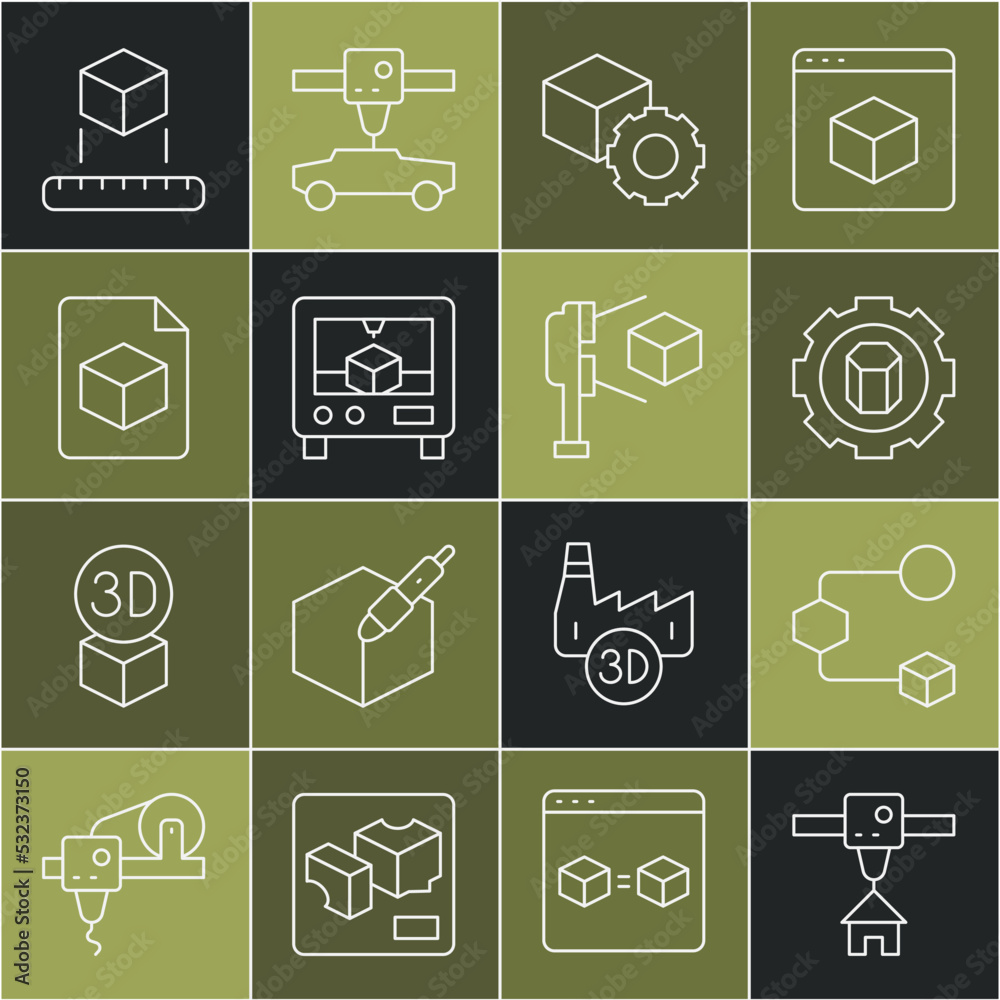 设置行3D打印机室、等轴测立方体、设置、文件和带图标的扫描仪。矢量