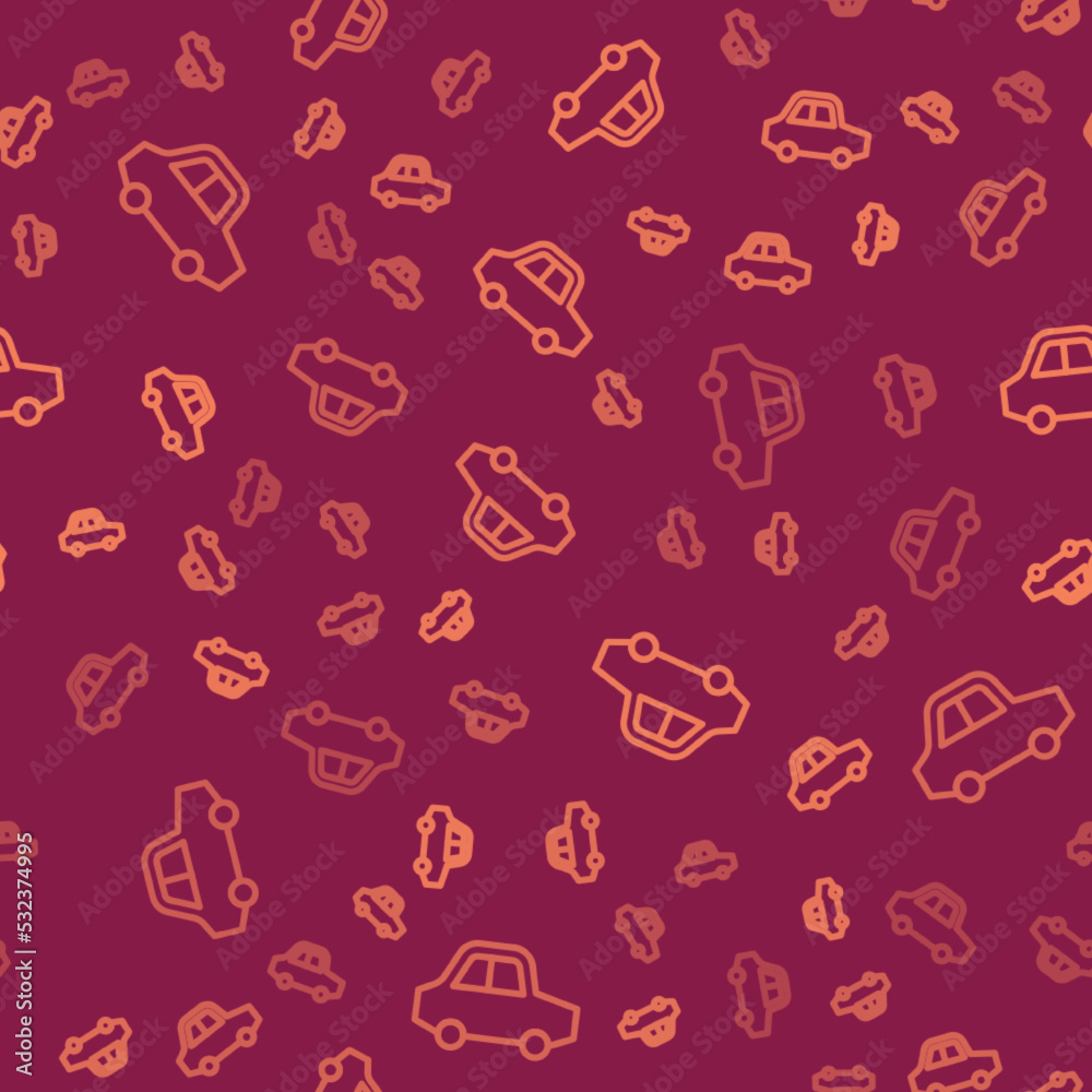 Brown line Toy car icon isolated seamless pattern on red background. Vector