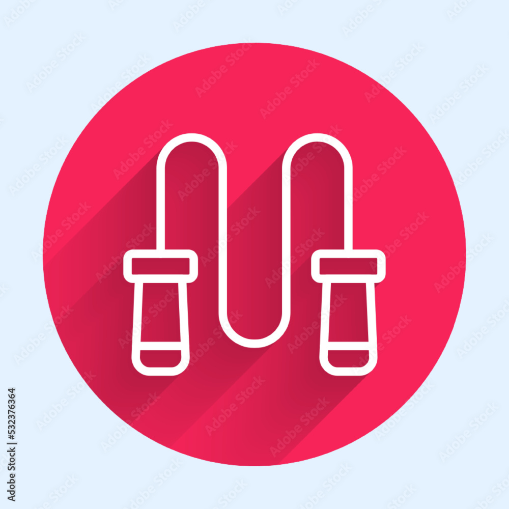 White line Jump rope icon isolated with long shadow background. Skipping rope. Sport equipment. Red 