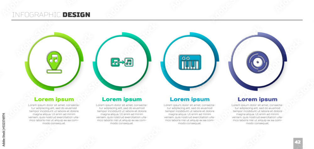 设置音乐音符、音调、合成器和乙烯基唱片。商业信息图模板。矢量