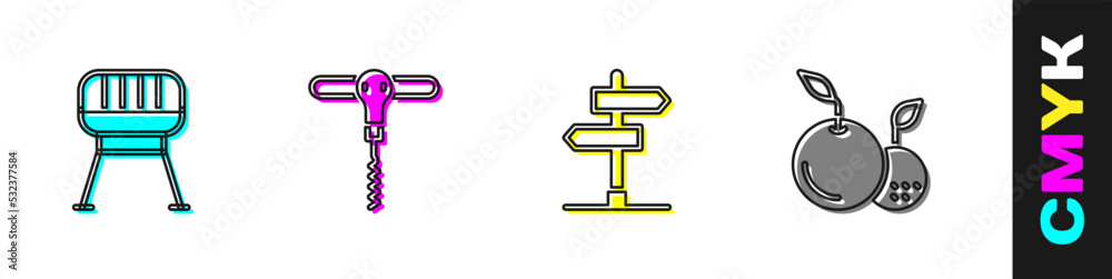 设置烧烤架、葡萄酒开瓶器、道路交通标志和水果图标。矢量
