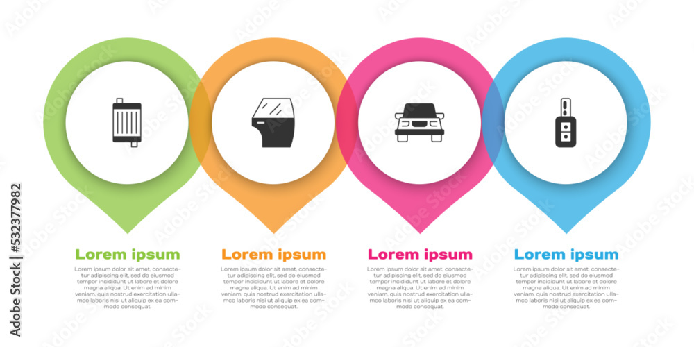 设置汽车散热器冷却系统、车门和带遥控器的钥匙。商业信息图模板。Vector