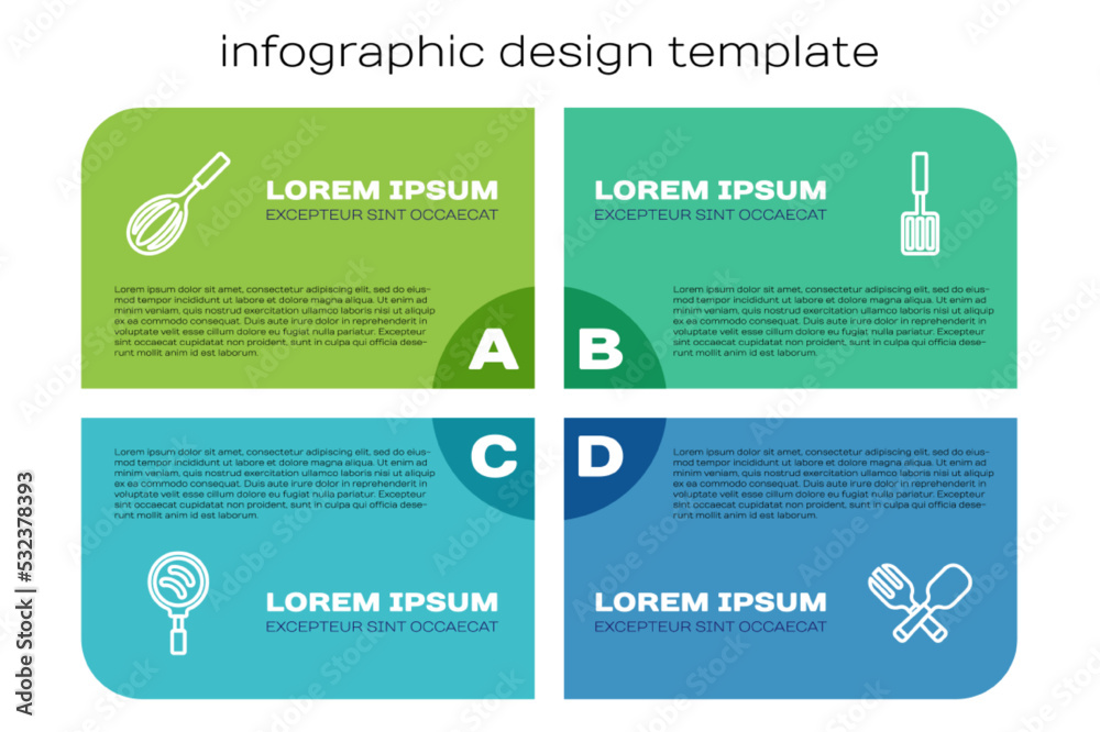 套装煎锅、厨房搅拌器、叉勺和烧烤抹刀。商业信息图