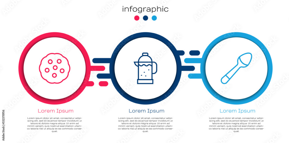 设置行Cookie或饼干，法式印刷机和茶壶。商业信息图模板。矢量