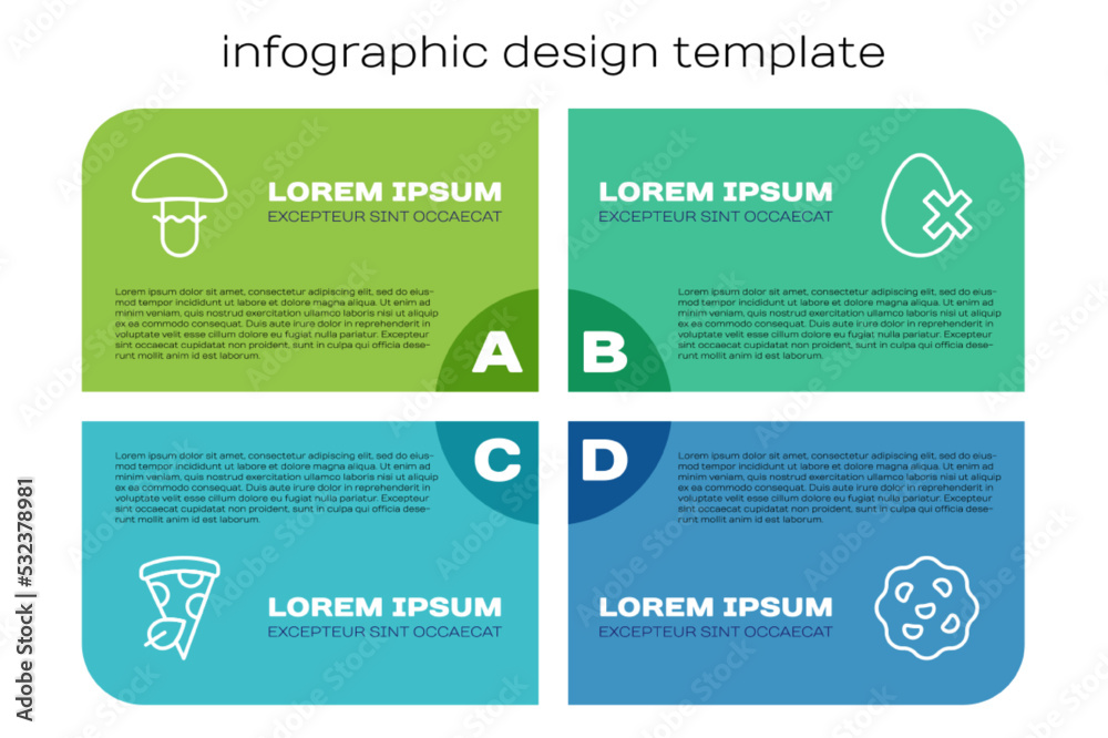 Set line Vegan pizza slice, Mushroom, Cookie or biscuit and No egg. Business infographic template. V