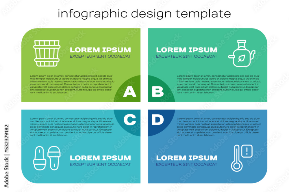 套装桑拿拖鞋、水桶、温度计和带叶子的茶壶。商业信息图模板。Ve