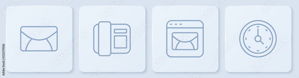 设置线路邮件和电子邮件、手机和时钟。白色方形按钮。矢量