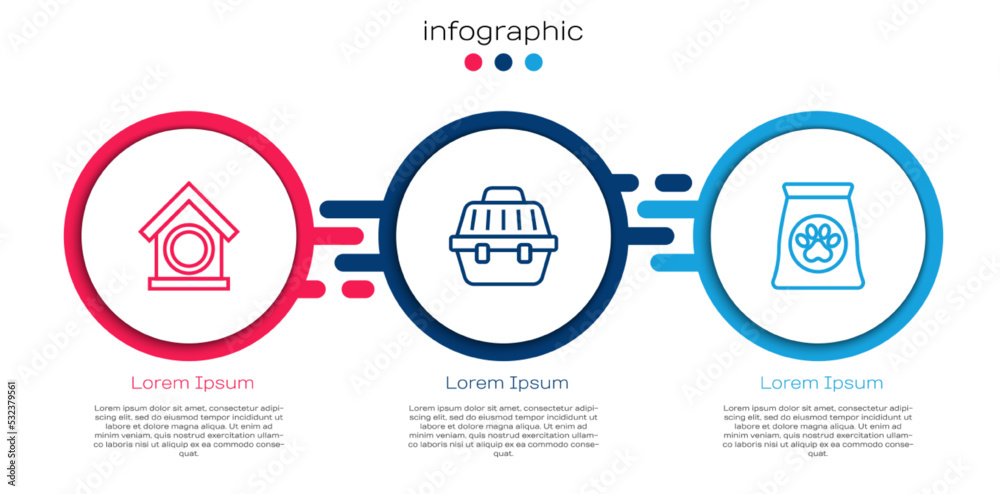 设置狗舍、宠物手提箱和宠物食品袋。商业信息图模板。矢量