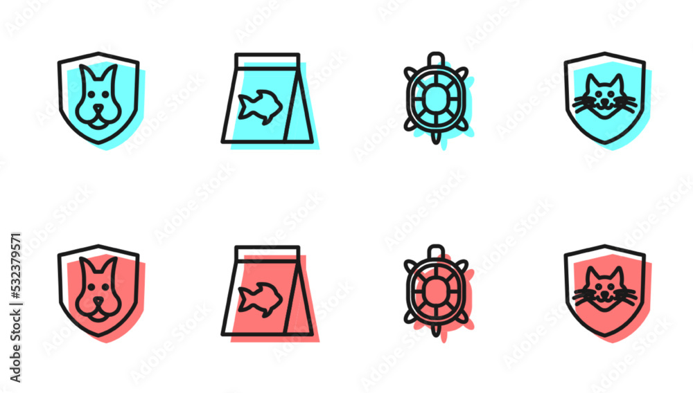 Set line Turtle, Animal health insurance, Food for fish and icon. Vector