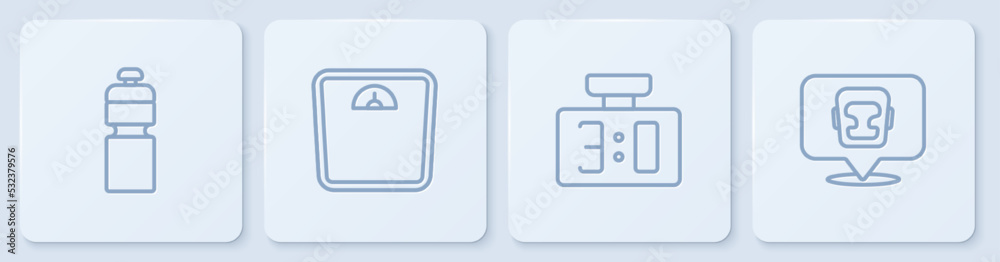 健身摇壶、运动机械记分牌、浴室秤和拳击头盔。白色方块