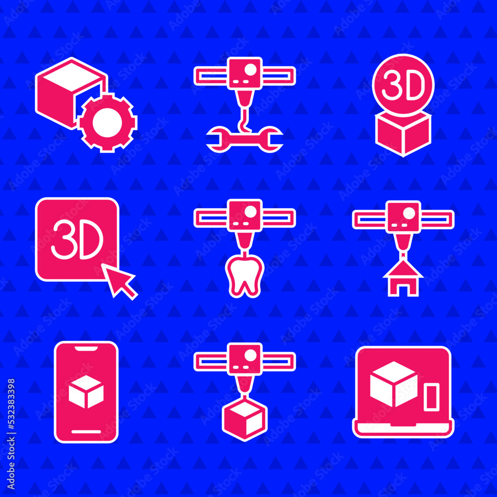 设置3D打印机齿、立方体、房屋、软件、等轴测和图标。矢量