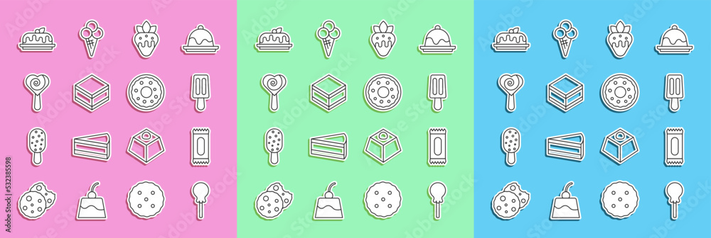 Set line Lollipop, Candy, Ice cream, Strawberry in chocolate, Brownie cake, Cake and Donut icon. Vec