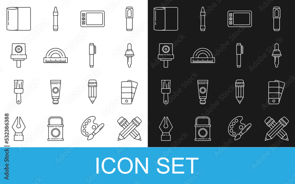 Set line Crossed pencil with eraser, Palette, Pipette, Graphic tablet, Protractor, Spray can nozzle 