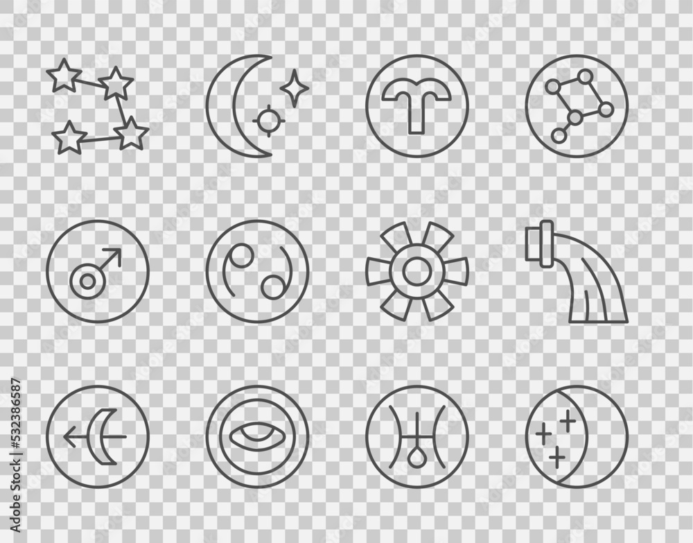 Set line Sagittarius zodiac, Eclipse of the sun, Aries, Medallion with eye, Star constellation, Canc